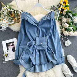 Denim Jackets Women Sexy Backless Drawstring Single Breasted Coats Fashion Long Sleeve Turn Down Collar Female Tops