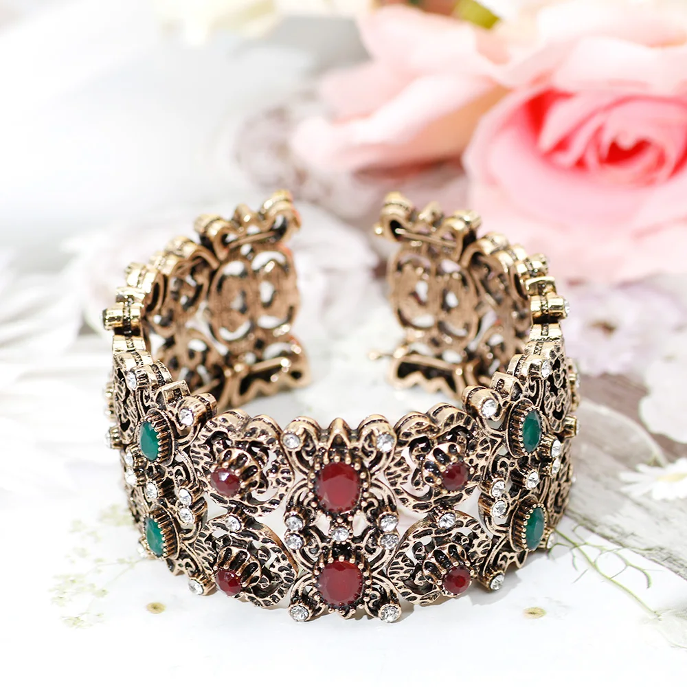 Sunspicems Retro Vintage Elastic Cuff Bracelet Turkish Women Flower Bangle Antique Gold Color Ethnic Wedding Bridal Jewlery