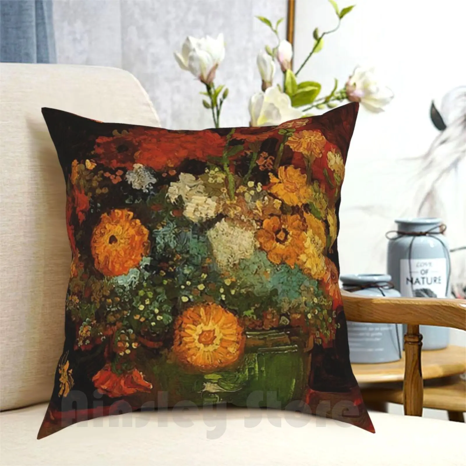 Vase With Zinnias By Van Gogh. Vintage Floral Oil Painting Fine Art. Pillow Case Printed Home Soft Throw Pillow Vase