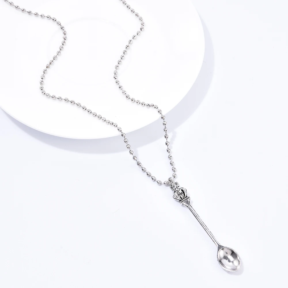 Fashion Women Men Crown Mini Tea Spoon Shape Pendant Long Chain Necklace Sweater Metal Chain Necklace Jewelry