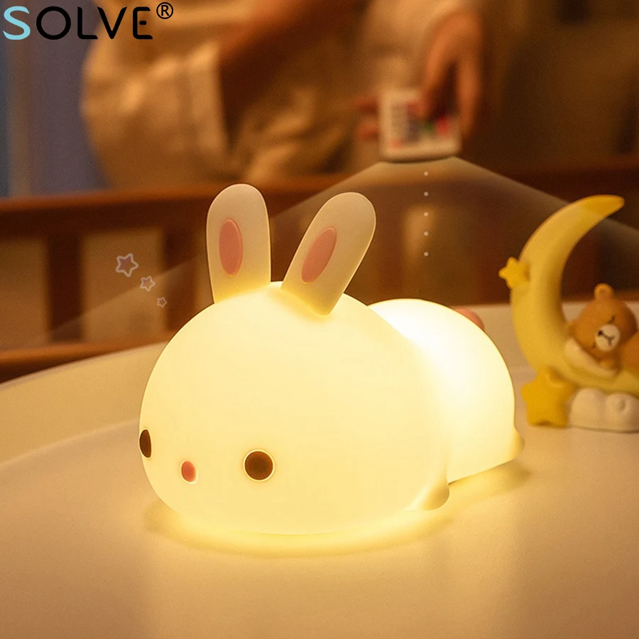 LED Silicone Night Light Cute Bunny Pat Desk Lamps USB Rechargeable Remote Control 7 16 Colors Children's Bedroom Bedside Lights