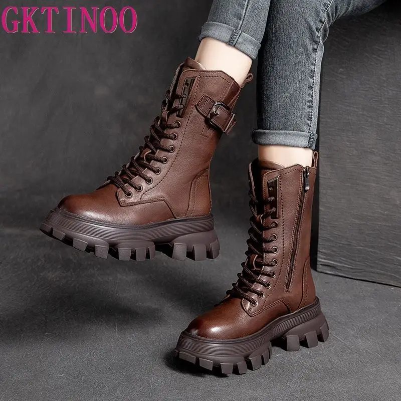 GKTINOO Retro Vintage Platform Female Mid-Calf Boots Handmade Round Toe Med Heels Shoes For Women Genuine Leather Boots Woman