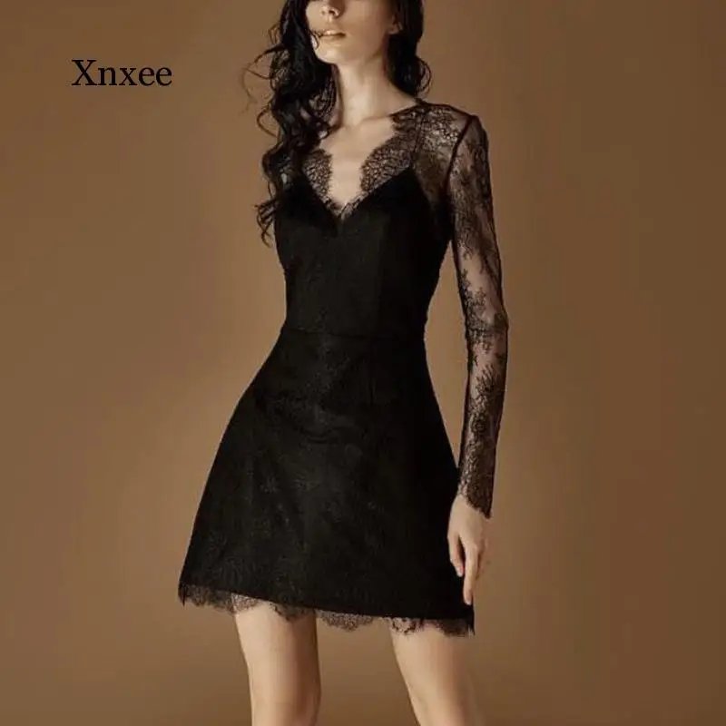 Women Summer Dress Lace Hollow Out New Fashion V-Neck Black Sexy Transparent Dress Basic Female