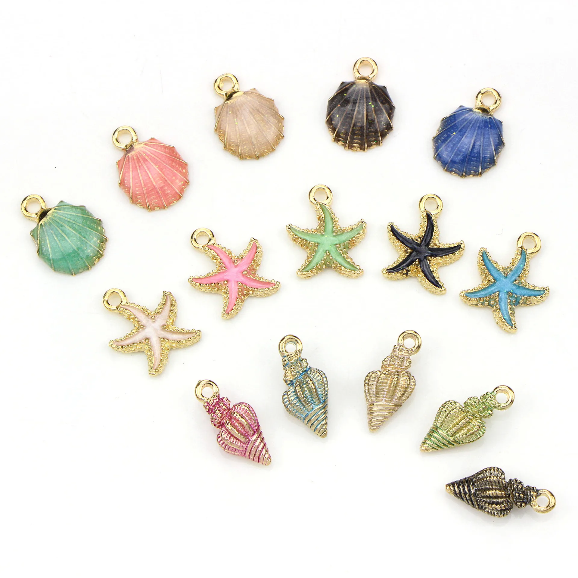 15pcs/set Alloy Enamel starfish conch shell Powder blue green white gray Charms Pendant Jewelry Making Decoration