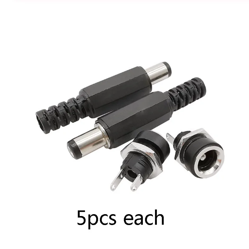 10pcs/5sets DC Power pin 5.5x2.1mm Female Plug Jack+ Male Plug Jack Socket Adapter DC-022B Supply Panel Mount Connectors