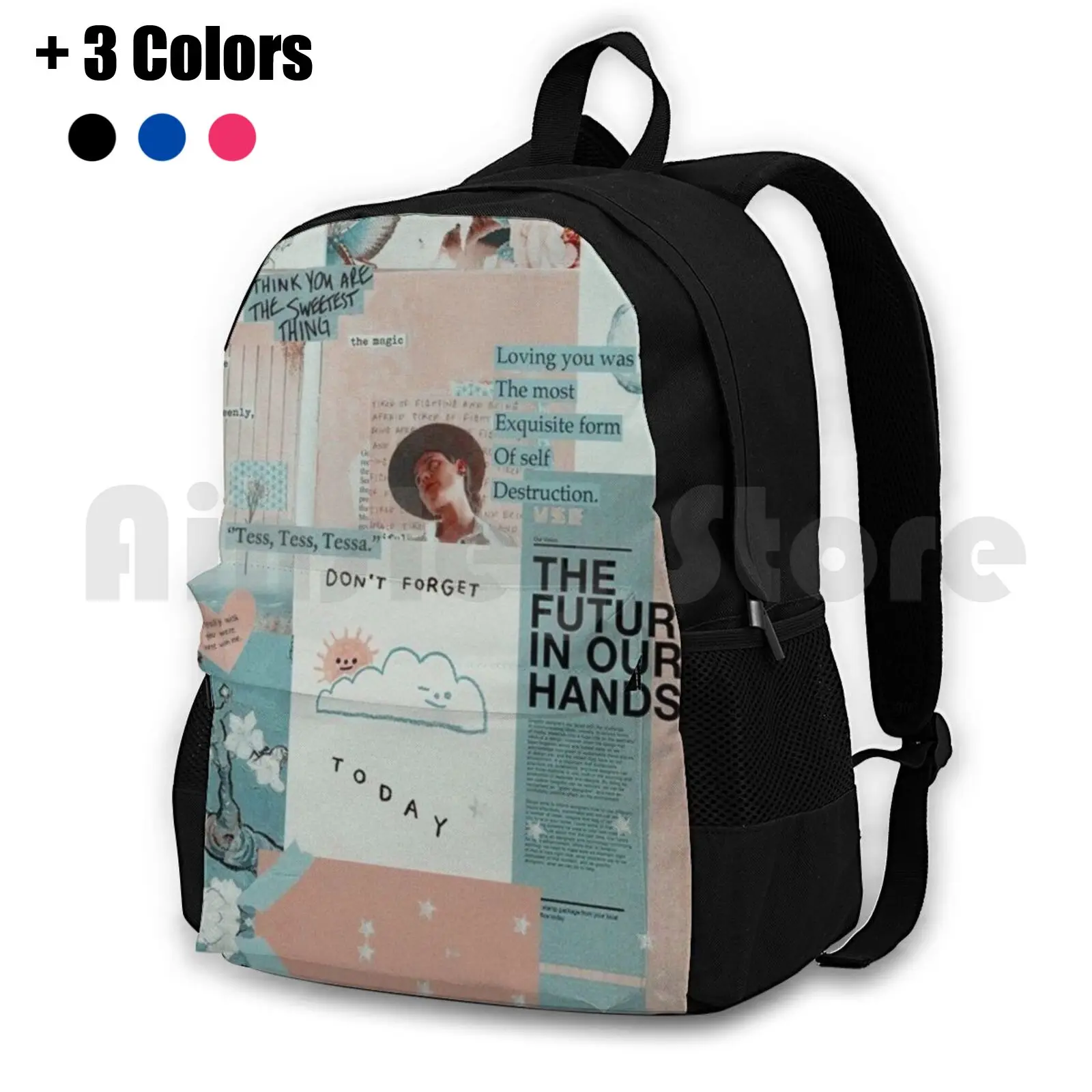 Y2k Light Blue And Pink Aesthetic Collage Outdoor Hiking Backpack Waterproof Camping Travel Collage Y2k Collage Aesthetic