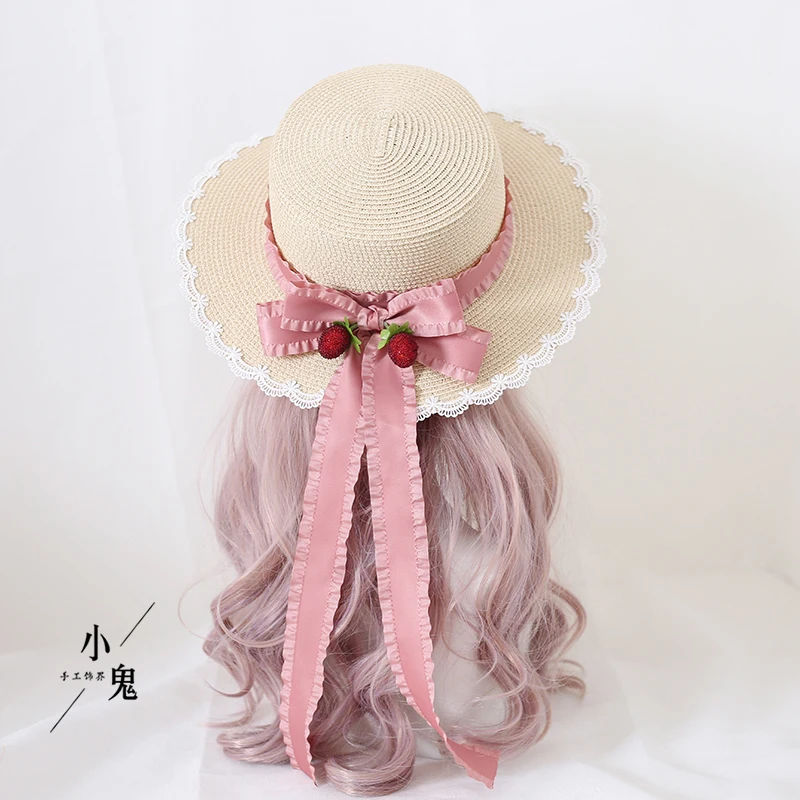 Bowknot Wide Brim Straw Hat Mori Style Berry Bow Sunhat Lo Niang Pastoral Style Lolita Hat image 3