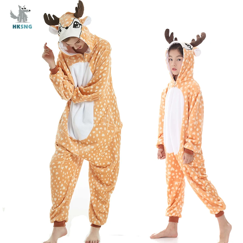 Flannel Adult Kigurumi Deer Onesie Cartoon Pajama Animal Christmas Halloween Party Costume Jumpsuits Hooded Pyjamas Suit Outfit
