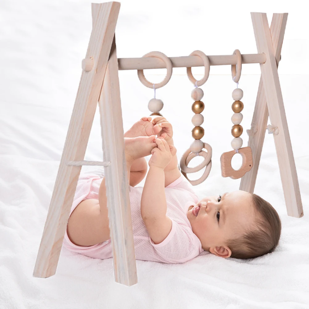 Nordic Style Wooden Baby Gym With 3 Gym Toys Foldable Baby Play Gym Hanging Bar Nursery Sensory Toy Newborn Gift