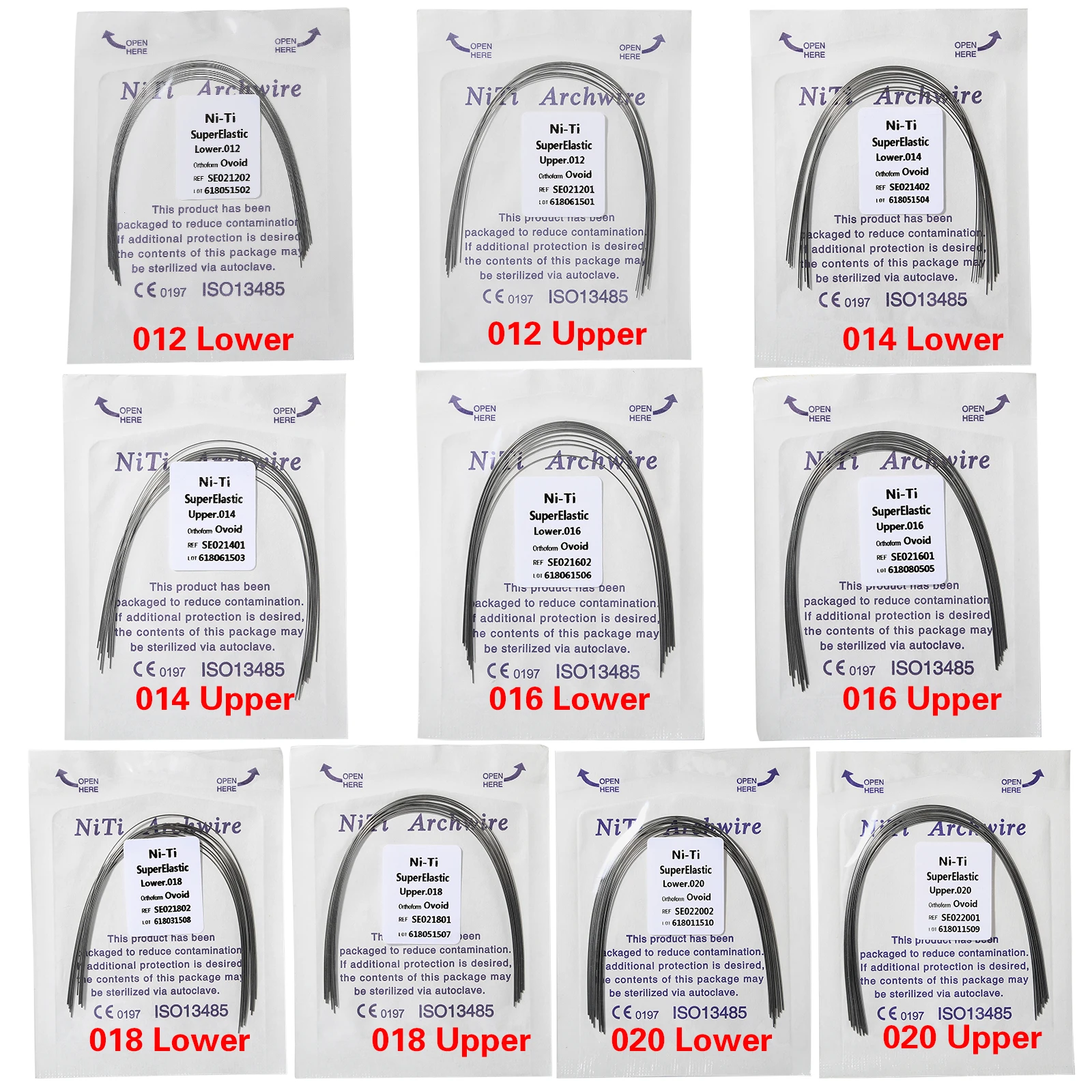 100 Packs Dental Tool Orthodontic Niti Nitinol Material Arch Wire Round Super Elastic Ovoid Form U&L Upper Lower 012-020