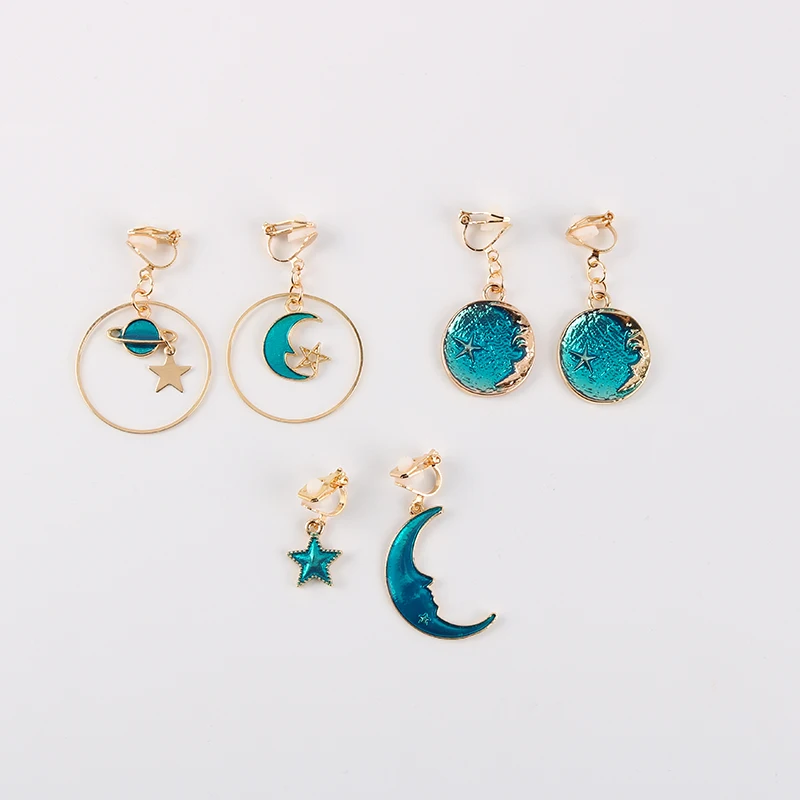 Korea Style Asymmetrical Fresh Enamel Blue Star Moon Planet  Circle Clip on Earrings Non Pierced For Girl Women Party Gift image 6