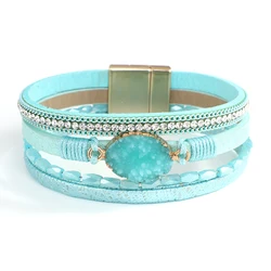 Amorcome Druzy Stone Charm Leather Wrap Bracelets Magnetic Clasp Women Boho Multilayer Cuff Bangle Crystal Bead Bracelet Jewelry