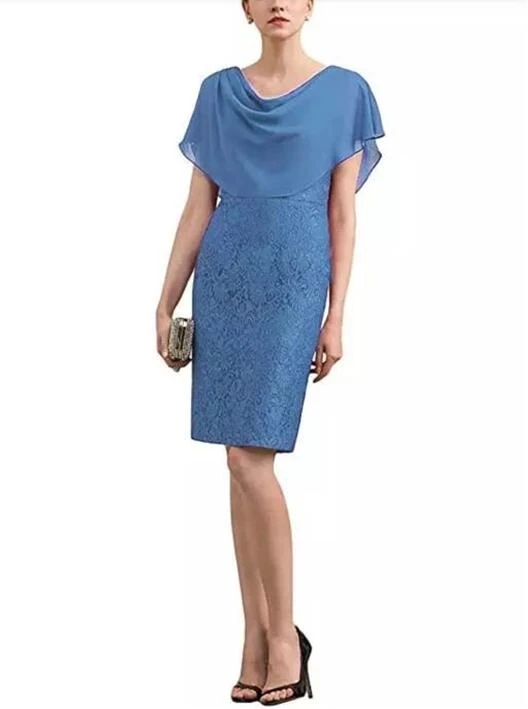 

Blue Mother Of The Bride Dresses Sheath Chiffon Lace Knee Length Plus Size Groom Short Mother Dresses For Wedding