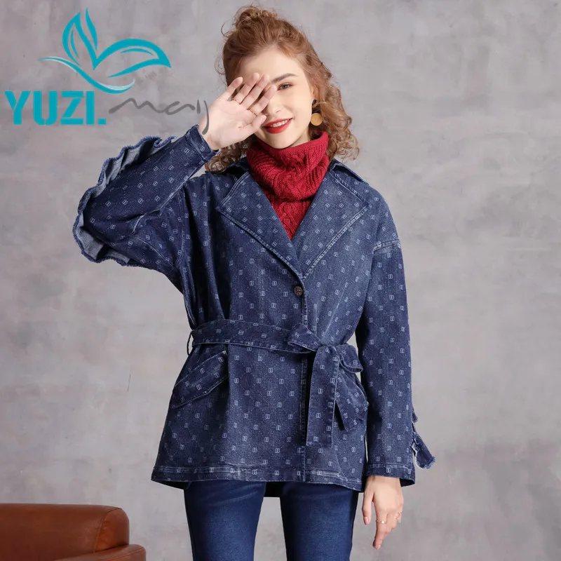 Women Jacket 2020 Yuzi.may Boho New Denim Woman Coats Turn-down Collar Floral Print Single Breasted Loose Coat B9302