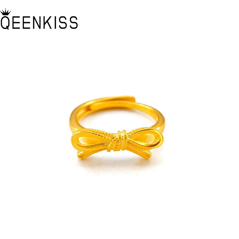 

QEENKISS 24KT Gold Bowknot Ring For Women Adjustable Bow Tie Ring Fine Wholesale Jewelry Wedding Party Bride Ladies Gift RG513