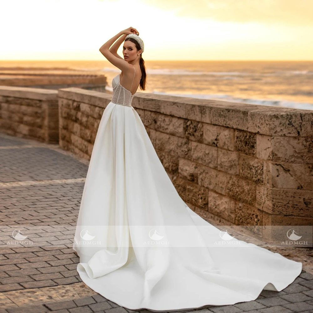 Aedmgh A-Line Boho Wedding Dresses Sweetheart Spaghetti Straps Shiny Robe De Mariee Beaded Lace Satin Custom Made Bridal Gown