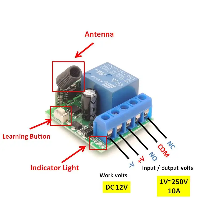 433 MHz rf wireless Remote Control DC 12V 10A 1CH Relay Receiver and transmitter for Electric Door/Signal transmission