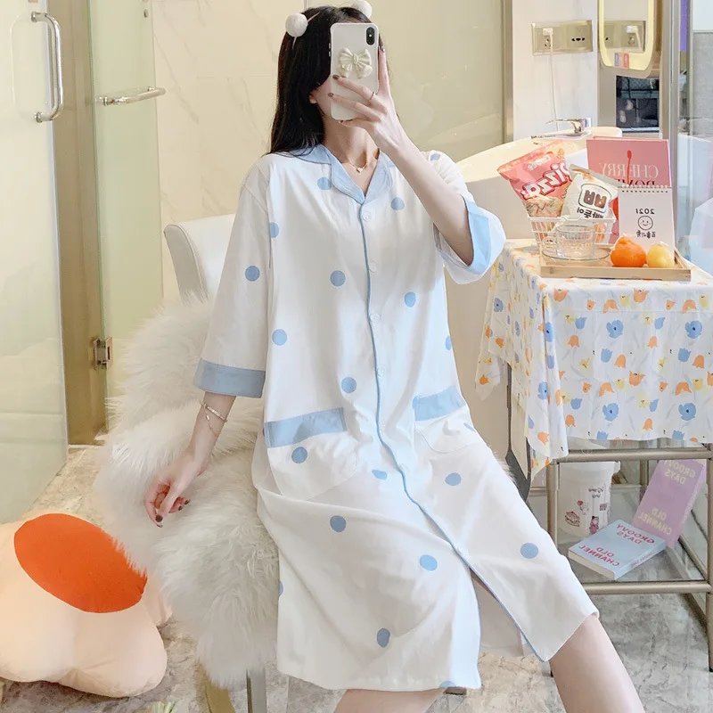 

2024 Spring Summer Maternity Nursing Dress Pregnant Women 100% Cotton Sleepwear Nightwear Breastfeeding Outwear Nightdress