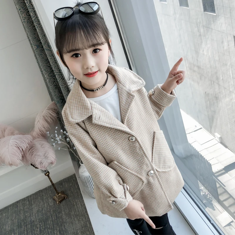 Hot Girls Autumn Plaid Woolen Coat Outerwear With Pocket Children's Casual Elegant Woollen Jacket Kids Spring Trench Coat P112