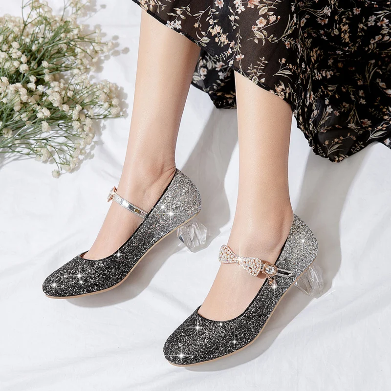 Girls High Heels Women Wedding Party High Heel Shoes Golden Blue  Ankle Strap Crystal Shallow Chunky Block Heel Pumps Lady 28-39