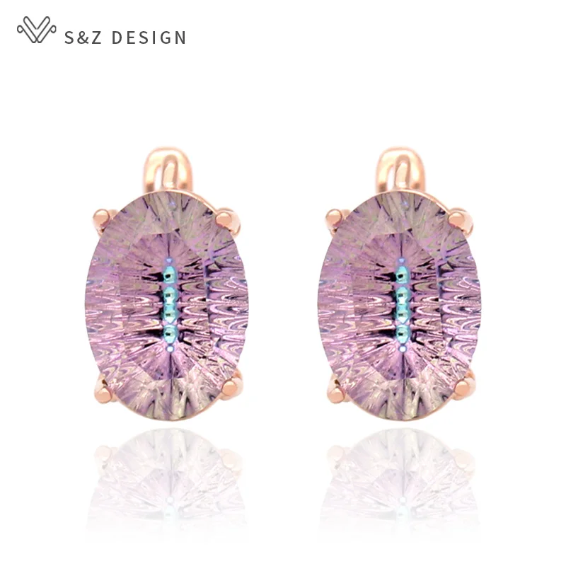 S&Z DESIGN New Fashion Colorful Oval Crystal Dangle Earrings For Women Wedding Jewelry 585 Rose Gold Color Egg Shape Eardrop