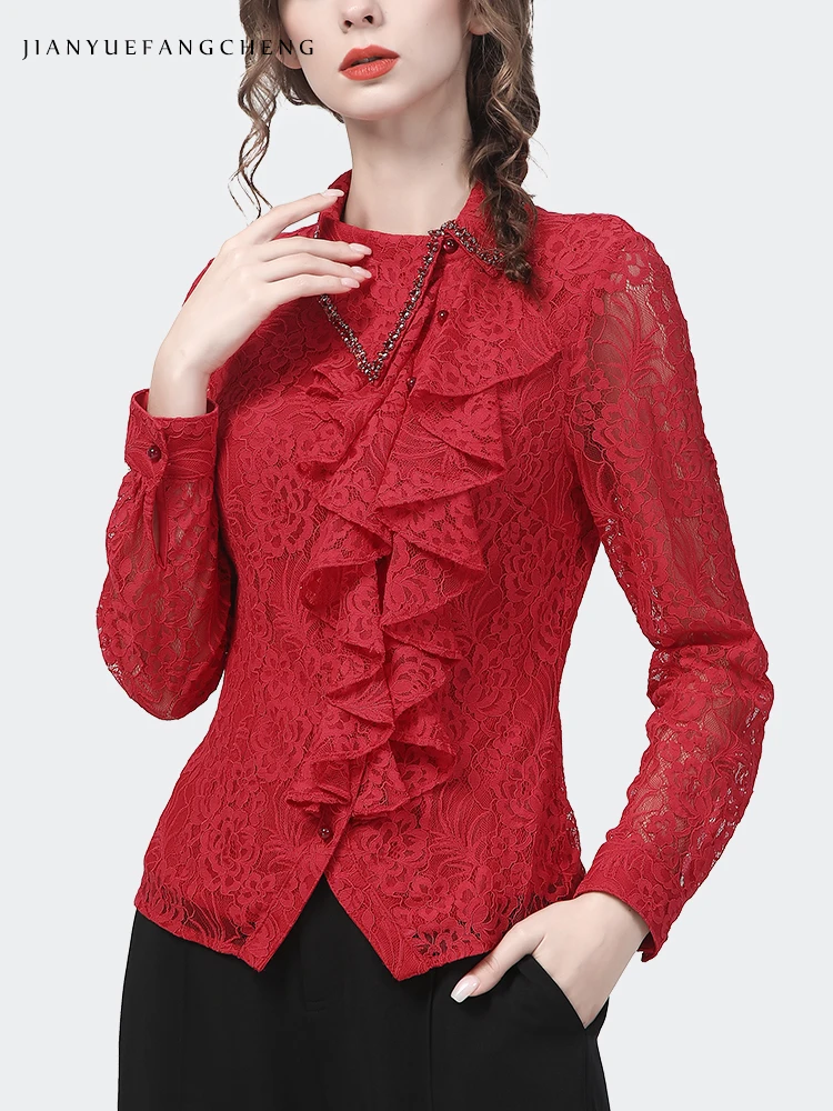 Luxury Beaded Pointed Collar Women Long Sleeve Lace Shirt Ruffle Hook Flower Hollow Fashion Bodycon Tops 2022 Spring Party Shirt