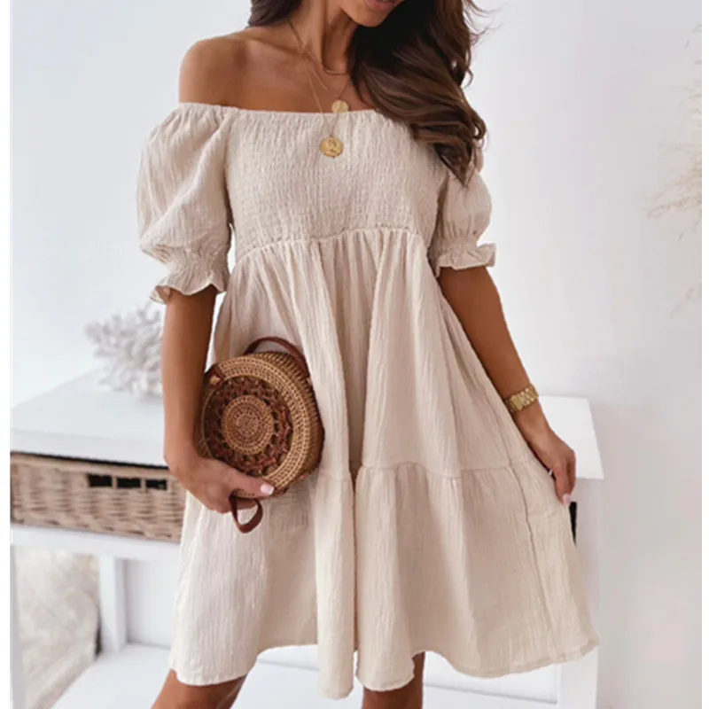 

Hot Sale Ladies Retro Lantern Sleeve Dress Summer Open Back One Shoulder Long Sexy Solid Color Fashion Office Woman Commuter