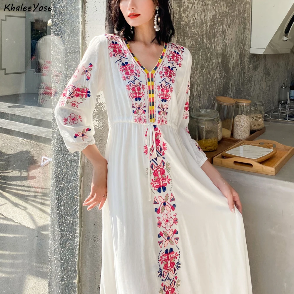 KHALEE YOSE White Floral Embroidery Dress for Women Vintage Spring Autumn Maxi DressesLong Sleeve Lady Casual Ethinic Chic Dress