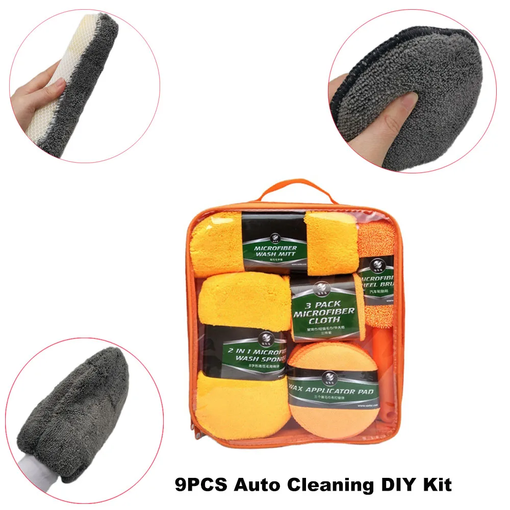 9pcs Microfiber Towel Cloth Car Wash Cleaning Waxing Sponge Tire Hub Brush Glove Car Wash Detailing For Auto Car Clean Kit