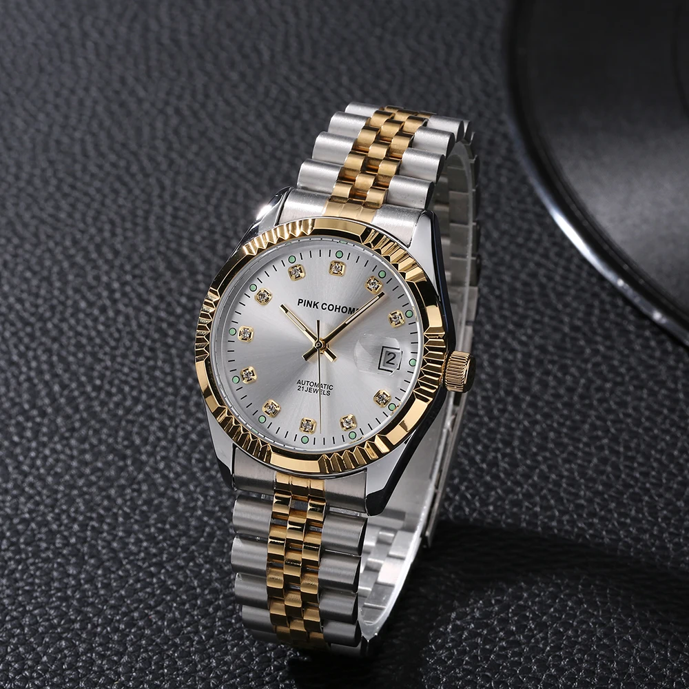 Automatic Watch Branded Pink Cohome Luminous Face Solid 316L Steel Watchband Mechanical Wristwatch Waterproof  Otomatik Saatler