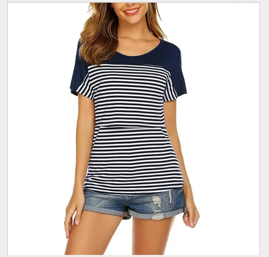 New Summer Fashion Women Maternity Short Sleeve Shirt Tops Striped Layer Nursing T-shirt Top For Breastfeeding O-neck Shirt Tops