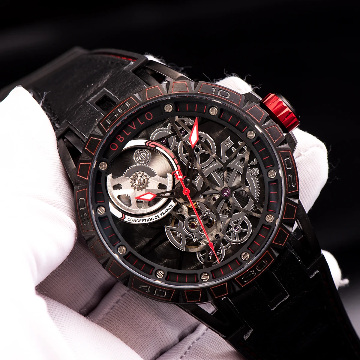 OBLVLO Rubber Strap Sport Watches For Men Skeleton Dial Black Steel Automatic Self-Wind Mechanical Watches Racing Sport Clock