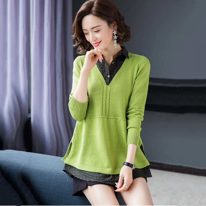 

Fake Two Knitted Sweater Pullover Female Knitwear Tops Spring Autumn Women Sweaters Long Sleeve Splicing Knit Bottoming Sweate