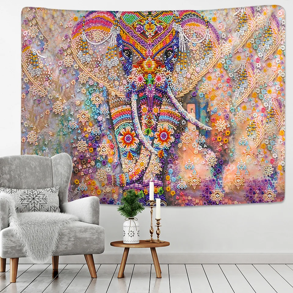 

Colorful Pearl Elephant Tapestry 3D Mosaic Style Hippie Boho Wall Tapestries Mandala Fabric Mat Living Room Decor