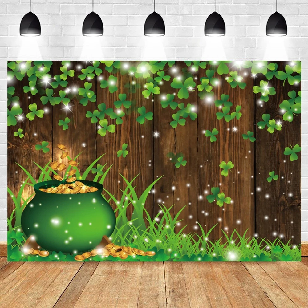 

St.Patrick's Day Backdrop Pot of Gold Photography Background Lucky Irish Shamrock Wood Grass Children Baby Portrait Photo Studio