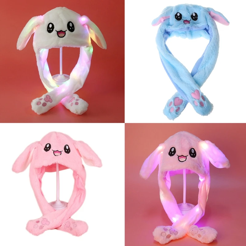 

2022 New Light Up Plush Animal Hat with Moving Ears Cartoon Bunny Panda LED Earflap Cap