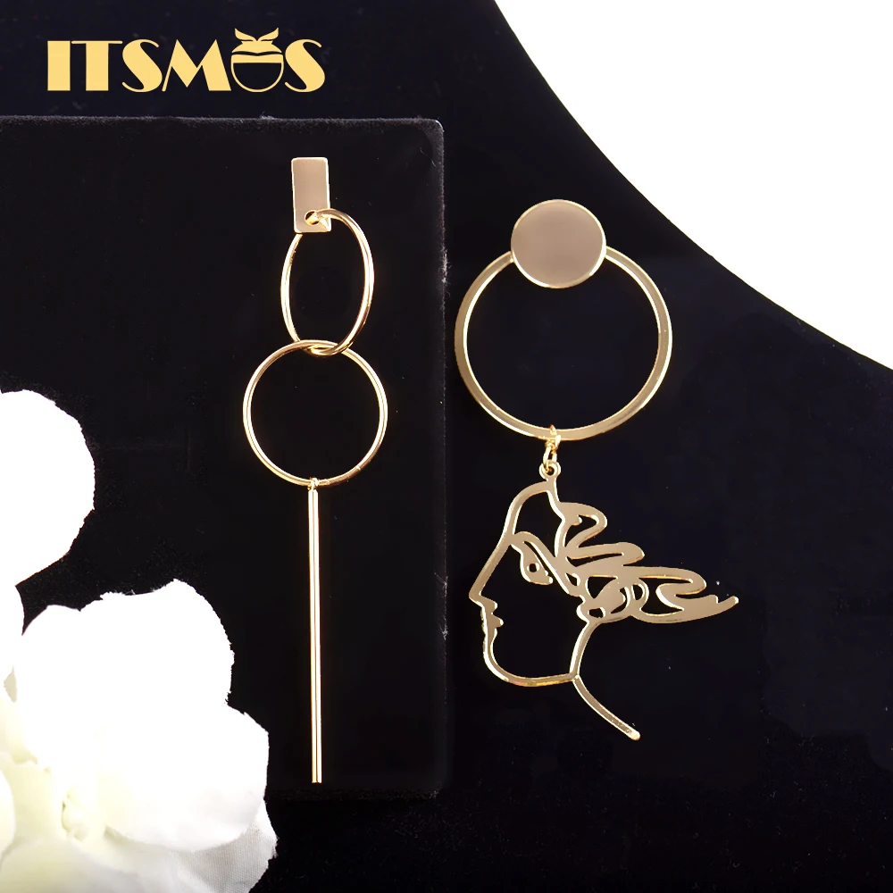 

ITSMOS Dangle Earrings 14K Real Gold Plated Beatuy Face Geometry Metal Pendant Earrings Asymmetry Female Retro Drop Earring