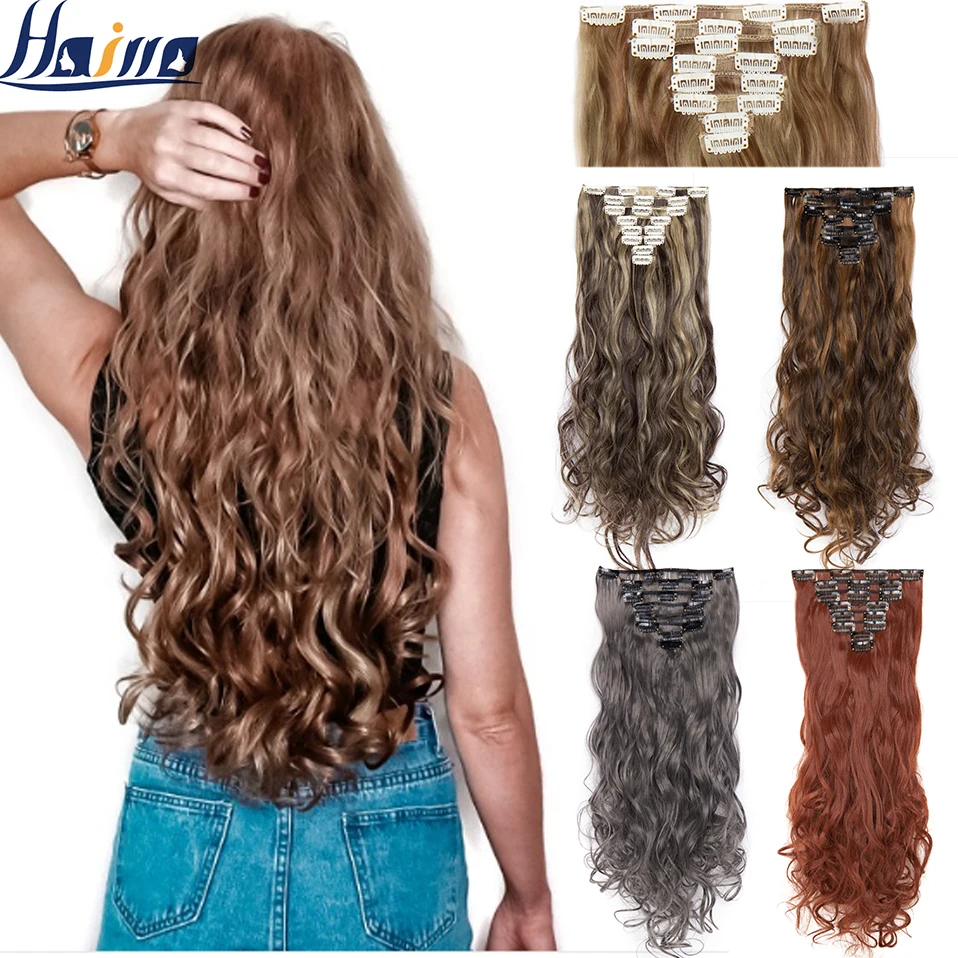 HAIRRO 24Inches 170g 36 Colors Long Straight Synthetic Hair Extensions Clips in High Temperature Fiber Black Brown Hairpiece