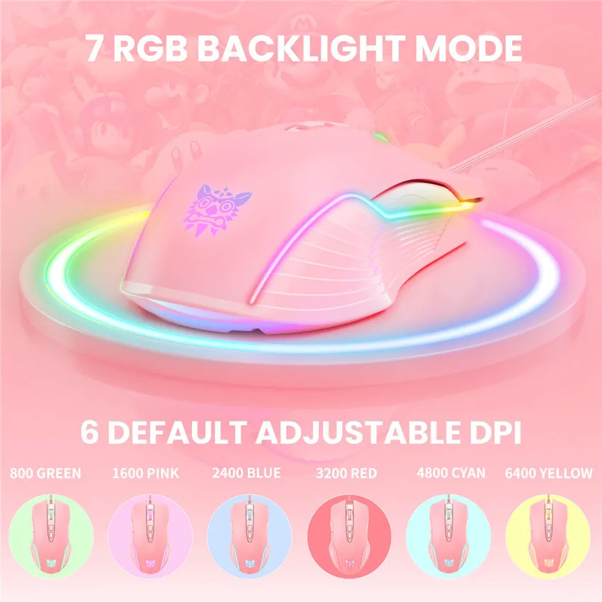 ONIKUMA 6400 DPI Wired Gaming Mouse Breathing LED Optical USB 7 Buttons Gamer Computer Pink Mice for Laptop PC Desktop