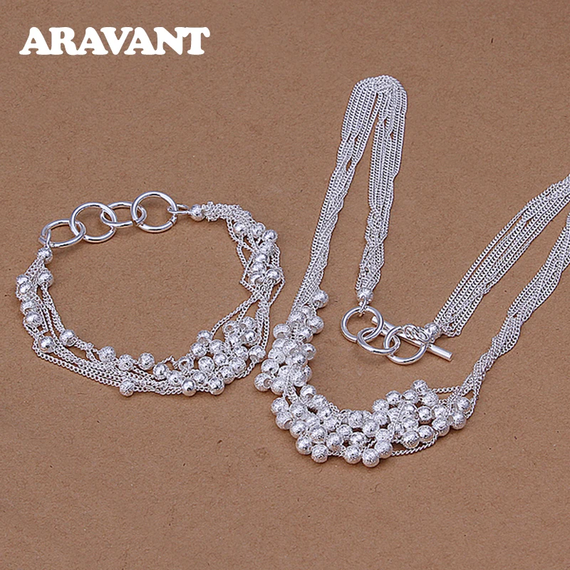 

Wedding Jewelry Set 925 Silver Sanding Bead Chain Necklace Bracelet For Women