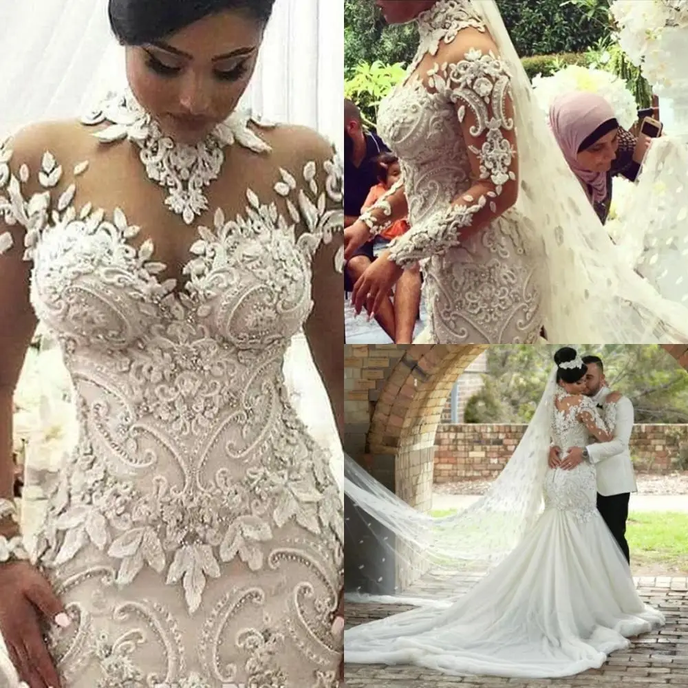 Robe de Mariée Transparente à Manches sulf, Tenue Nigériane, Col Haut, avec des Appliques Perlées, Style Dubaï, Château Arabe, pour les Patients Sirènes, Quelle que soit, Nouvelle Collection 2024