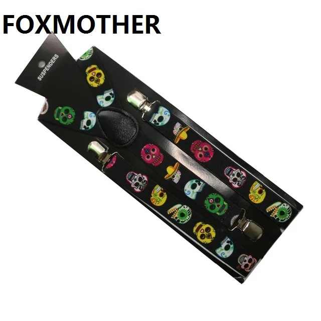 FOXMOTHER Elastic Suspenders For Women Mens Hip Hop Skull Bone Print Braces