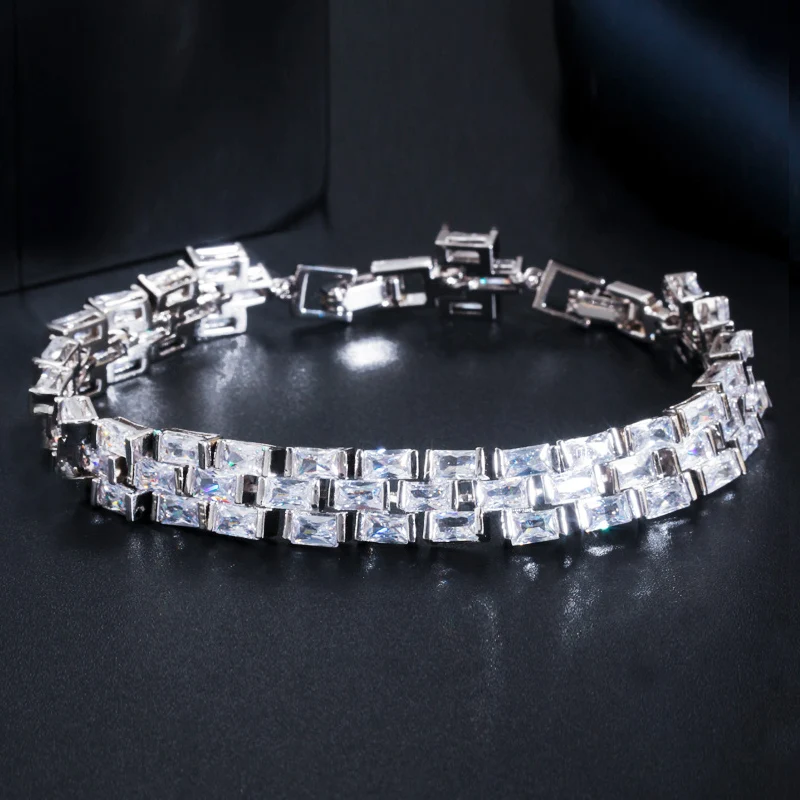 CWWZircons Shiny African Dubai Gold Color Baguette Cubic Zirconia Tennis Bracelet for Women Wedding Brides Party Jewelry CB222