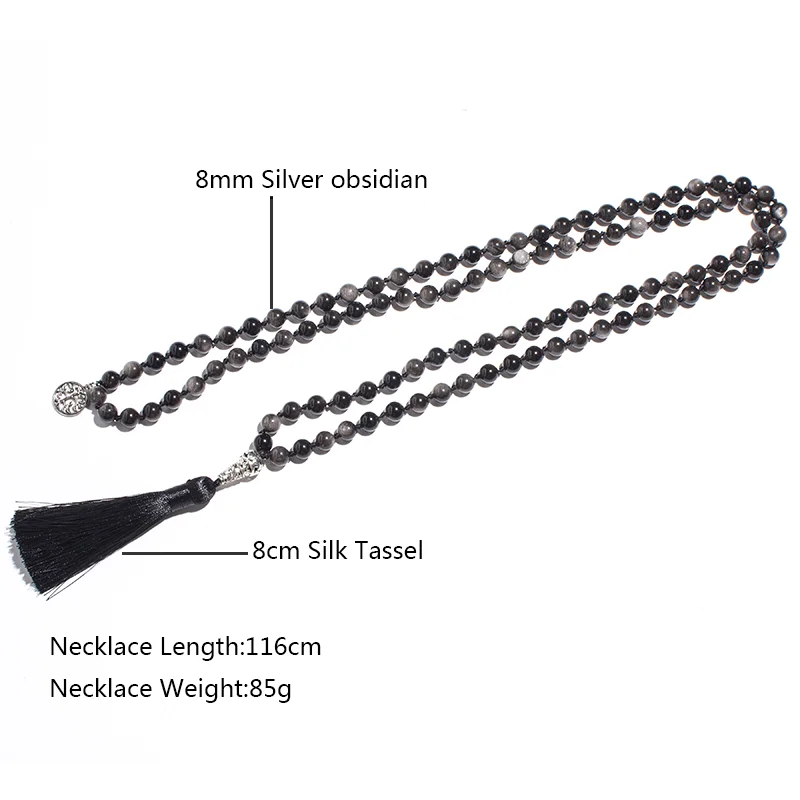 8mm Natural Obsidian Beaded Knotted 108 Mala Necklace Meditation Yoga Rosary Jewelry  for Men and Women