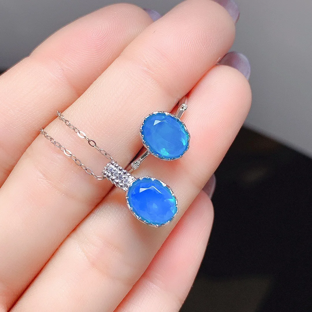 High Quality Silver Jewelry Set Blue Opal Ring Pendant Necklace Faceted Opal Engagement Wedding Silver Jewelry