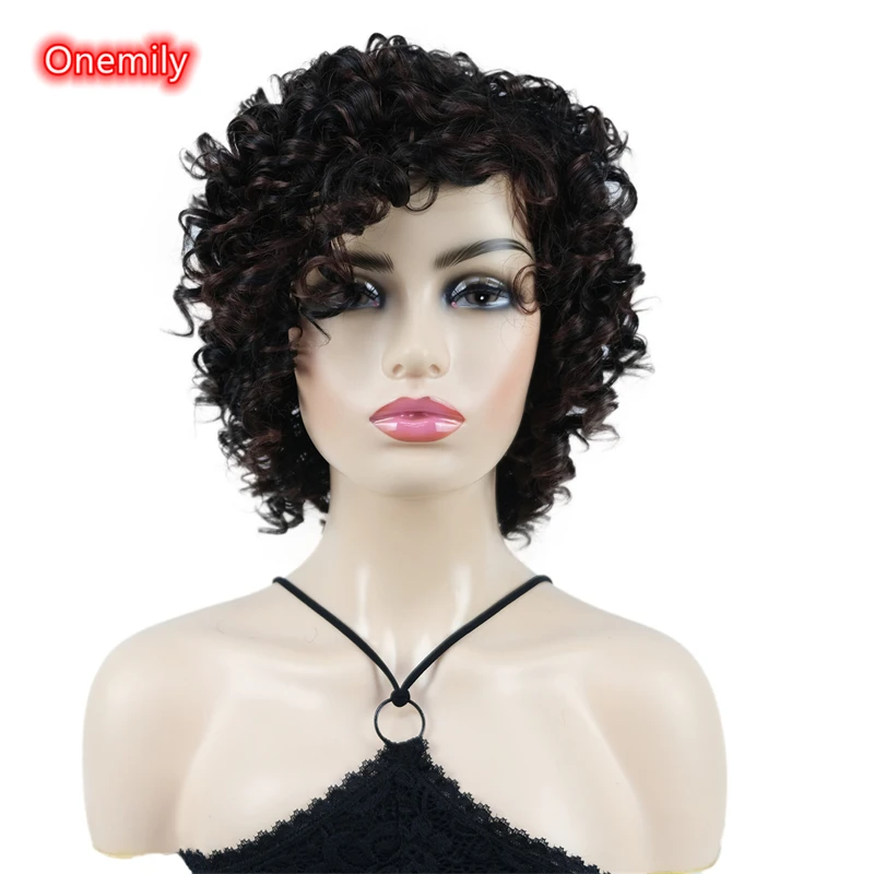 

Onemily 12 Inches Dark Brown Dark Auburn Mixed Medium Length Curly Synthetic Hair Wig for Black Women