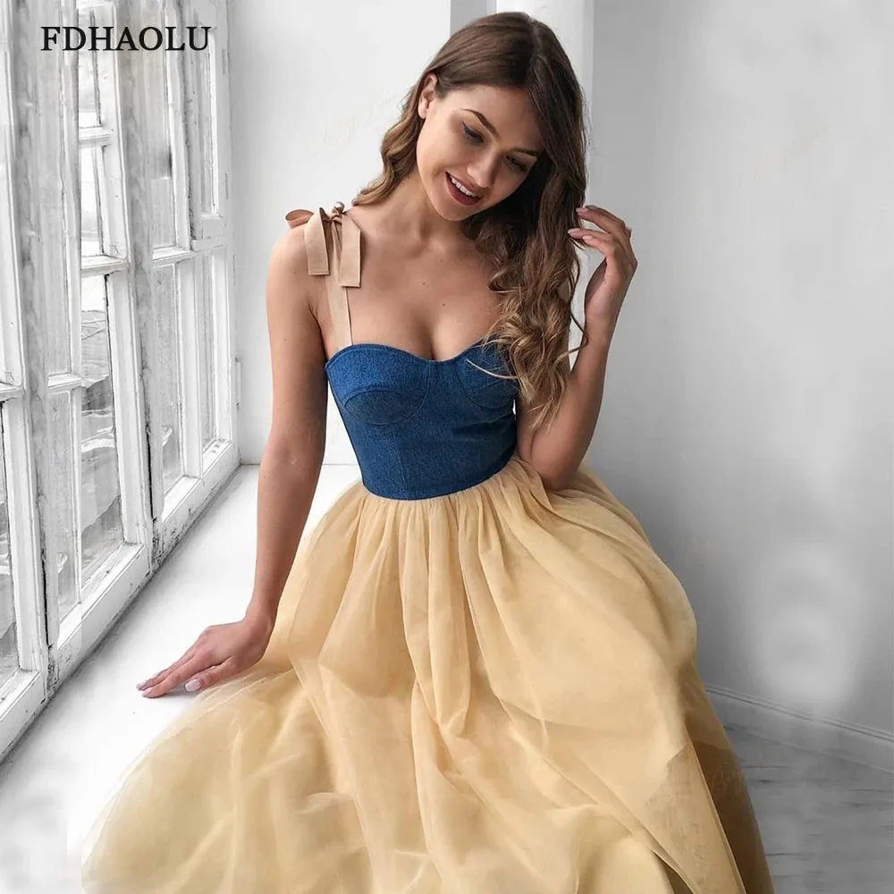 FDHAOLU FU106 Prom Gaun Tali Spaghetti Denim Tulle Gaun Malam Teh Panjang Malam Gaun Plus Ukuran