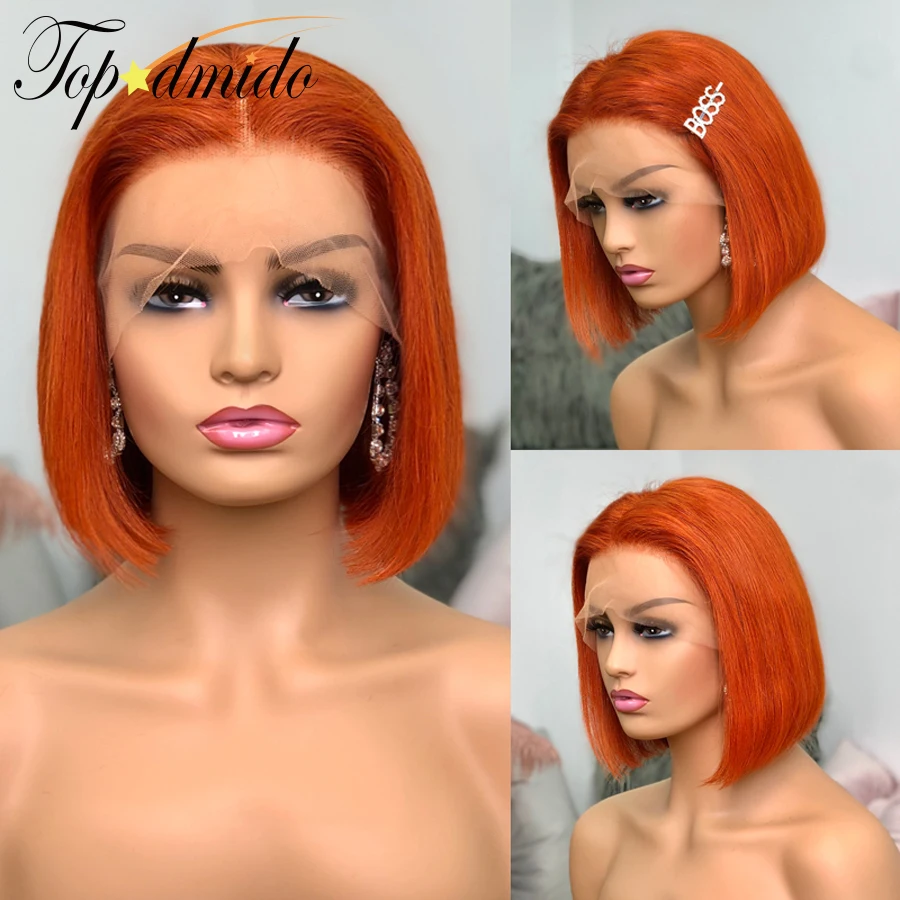 TOPODMIDO Orange Color 4x4 Closure Human Hair Wigs Baby Hair Brazilian Remy Hair Short Bob Wigs 13x6x1 Lace Front Wigs for Women