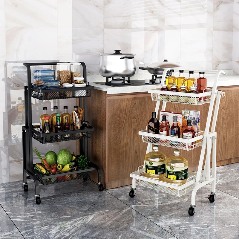 Trolley Stall Parallel Folding Portable Shelf Floor Kitchen Multifunction Storage Rack Kitchen Organizer Metal Stand Organizatio