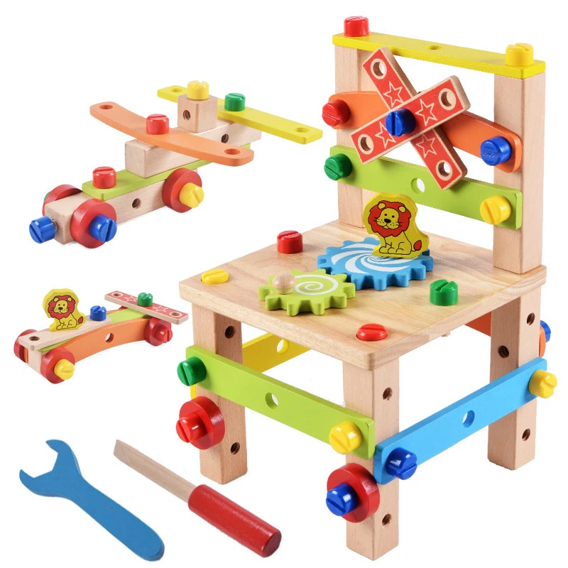 Wooden DIY Assembling Chair Blocks Toy Screw Nut Combination Disassembly Toolbox Handmade Repair Carpenter Tool Kids Boys Gifts